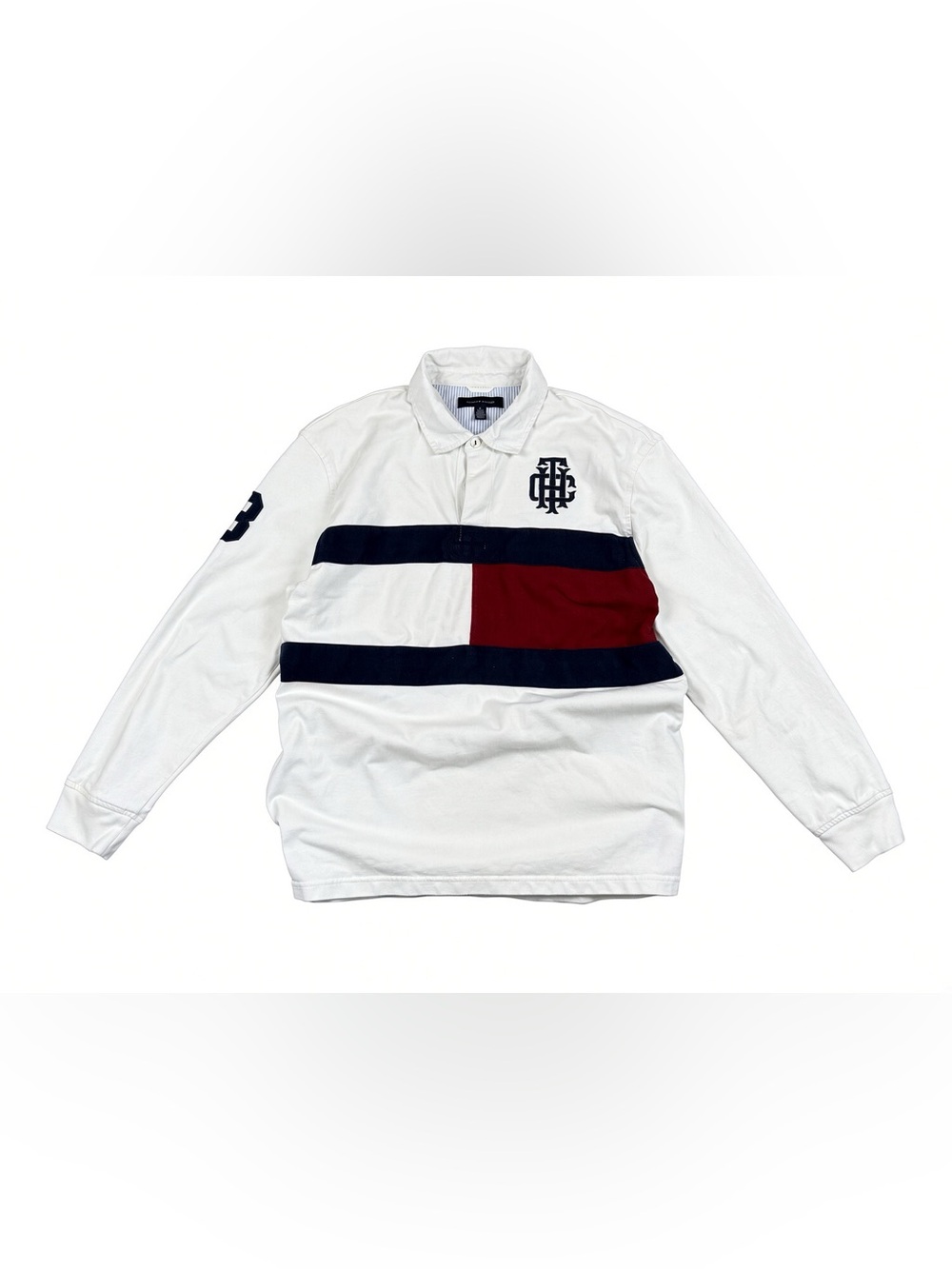Tommy Hilfiger Men’s Rugby Polo White Flag Stripe Long Sleeve TH Logo XL